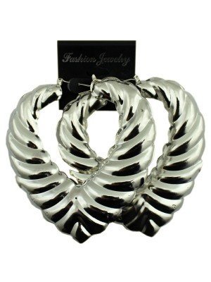 Silver Heart Design Bamboo Hoop Earrings - 8cm