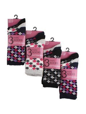 Wholesake Ladies Cotton Rich Design Socks (3 Pair Pack) - Asst.