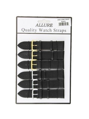 Allure Long Black Leather Watch Straps - Asst. Buckles - 24mm