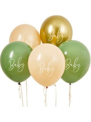 Biodegradable Sage, Nude & Gold 'Baby' Latex 12" Balloons (Pack of 5)