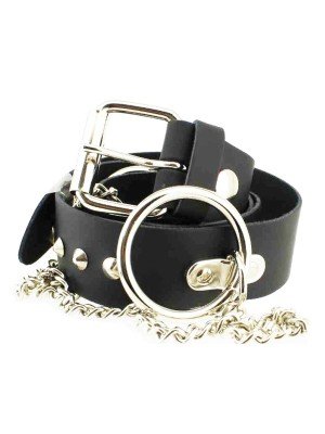 Wholesale Leather 1 Row Conical Studded Belt With Chain & Rings Black  (L)