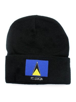 Black Turn up Beanie Hat - St.Lucia Flag Embroidery 