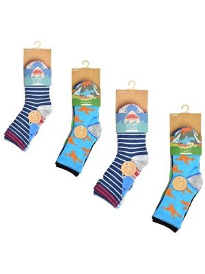 Boy's Bamboo Dino/Shark Design Trainer Socks(3 Pair Pack) - Asst. Sizes 