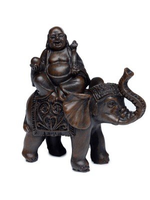 Peace of the East Brushed Wood Effect Lucky Buddha on Elephant