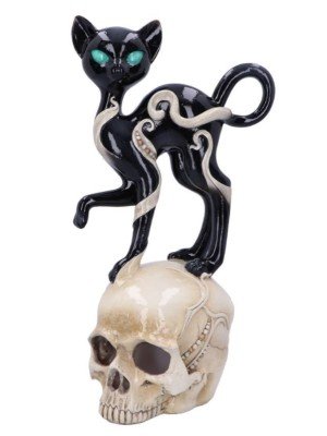 Feline Fate Light Up Skull with Black Cat Figurine - 34.6cm 