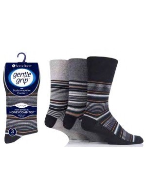Men's "Striped" Gentle Grip Socks (3 Pair Pack) - Blk/Charcoal/Grey