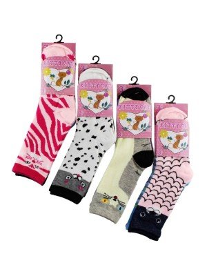 Wholesale Girls Kitty Cat Design Socks (3 Pair Pack) - Asst. (UK - 6-8.5)