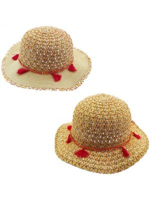Wholesale Girls Straw Wide Brim Hat With Tassel Band - Assorted Designs
