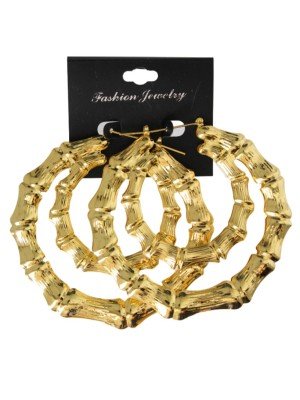 Gold Round Double Layer Bamboo Shape Hoop Earring - 8.5cm