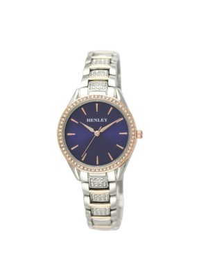 Wholesale Ladies Henley Two Tone Sports Dress Bracelet Watch - Silver/Rose Gold/Blue