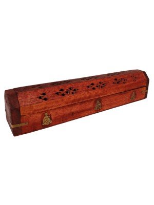 Wooden Incense Holder Storage Box - Buddha Brass Inlay 12''