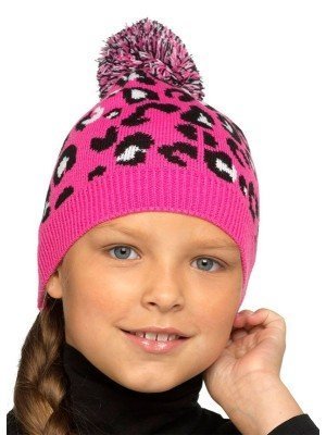 Kids Pink Leopard Print Hat With Bobble 