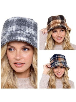 Ladies Check Borg Hat - Assorted Colours 
