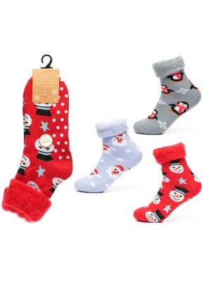 Ladies Christmas Design Brushed Bed Socks with Gripper