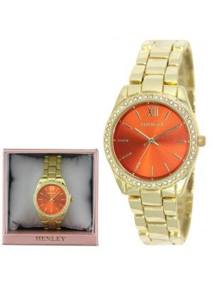 Ladies Henley Metal Diamante Bracelet Watch - Gold/Orange