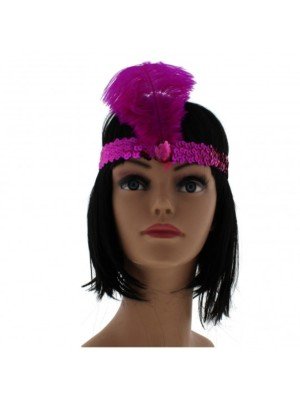 Large Feather Headband with Sequins and Crystal - Fuchsia 