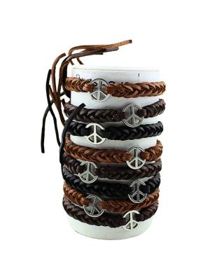 Leather Bracelets Peace Symbol Design - Assorted (12 Pieces)