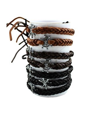 Leather Bracelets Ship Wheel Design - Assorted (12 Pieces)