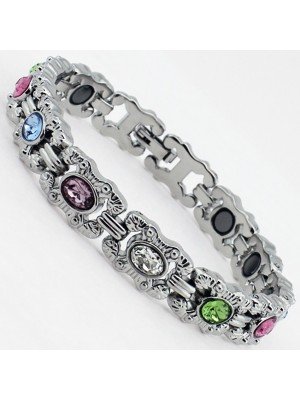 Magnetic Bracelet With 11 Magnets - Silver With Multi Colour Stones