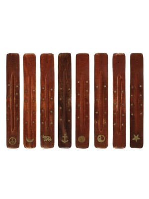 Mango Wood Incense Holder With Brass Inlay - Assorted