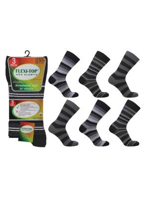 Men's Non Elastic Striped Design Socks - Flexi Top (3 Pair Pack) - Asst