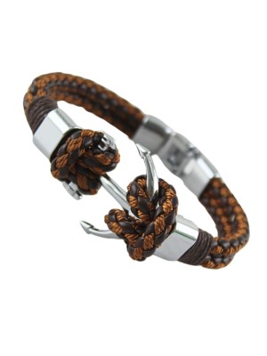 Men's Plaited Leather Bracelet "Anchor Design" - Brown