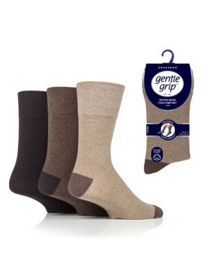 Men's Plain Gentle Grip Socks (3 Pack) - Brown Asst.