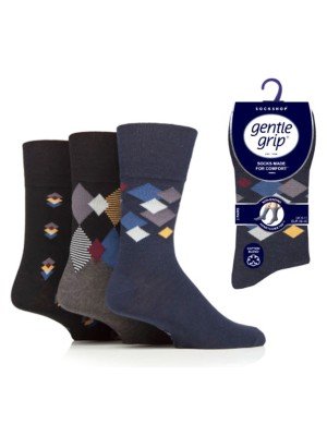 Men's "Metro Argyle" Gentle Grip Socks (3 Pack) - Assorted 