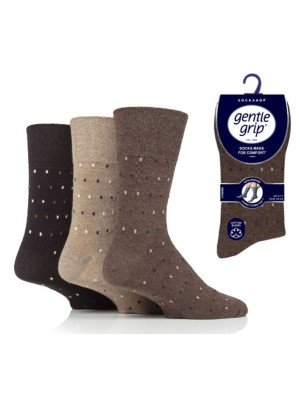 Men's "Micro Rectangle" Design Gentle Grip Socks (3 Pair Pack) - Brown Asst 