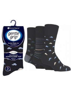 Men's "Transport Design" Gentle Grip Socks (3 Pair Pack) - Asst 