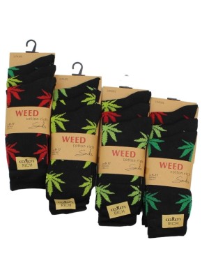 Wholesale Men's Black Cotton Rich Leaf Design Rasta Socks (3 Pair Pack)-Assorted