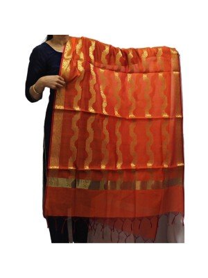 Ladies Chanderi Silk Gold Waved Design Soft Ethnic Dupatta - Orange 