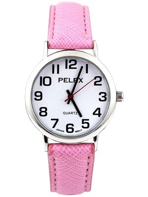 Wholesale Pelex Unisex Classic Round Dial Leather Strap Watch - L-Pink/Silver
