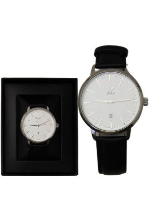 Wholesale Men's NY London Leather Strap Watch - Silver/Black