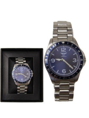 Wholesale Men's NY London Diver Style Metal Bracelet Watch - Silver/Blue