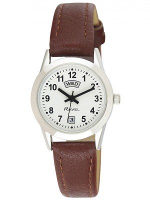 Ravel Ladies Day-Date Silver Tone Watch - Brown Strap