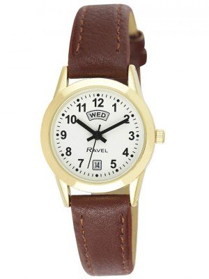 Ravel Ladies Day-Date Gold Tone Watch - Brown Strap