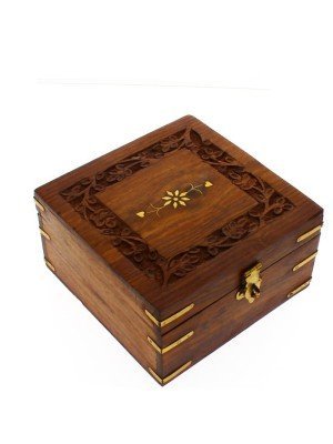 Sectioned Carved Wooden Storage Box For 9 Essential Oils 14x14x8cm