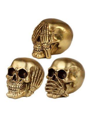 Set of 3 Hear No Speak No Evil Gold Skulls 