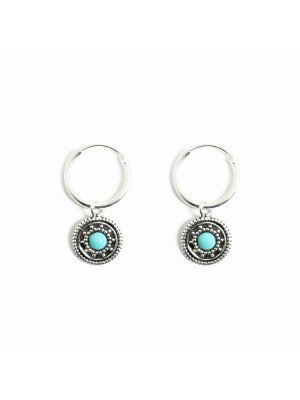Sterling Silver Boho Coin Turquoise Hoops - 12mm