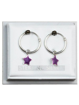 Sterling Silver Hoop With Dangly Star 10mm  - Purple 
