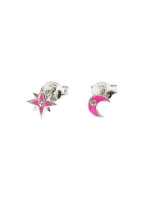 Sterling Silver Star & Moon Studs - Pink 