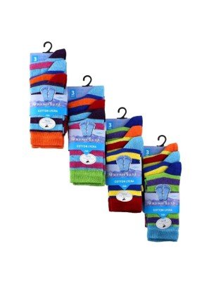 Teenage Boy's Striped Design Cotton Lycra Socks (3 Pair Pack) - Asst (4-7)