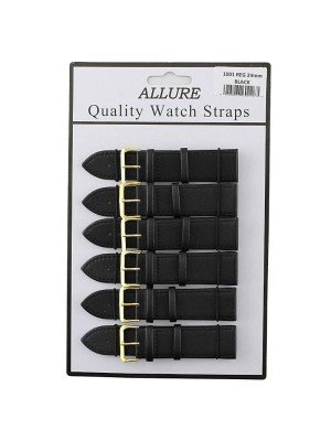 Wholesale Allure Black Leather Watch Straps - Gold Buckle - 24mm
