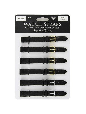 Calf Grain Leather Black Long Watch Straps - Asst. Buckles - 14mmBL14ML