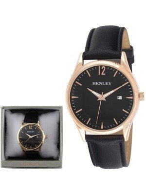 Wholesale Men's Henley Round Leather Strap Watch- Black