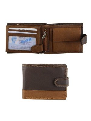 Men's Leather RFID Wallet With Closure Button - Brown/Tan