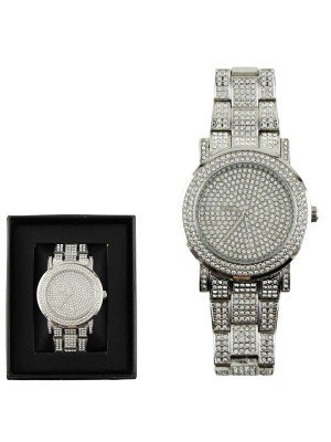 Wholesale Men's NY London Round Bling Crystals Dial Metal Strap Watch -Silver 
