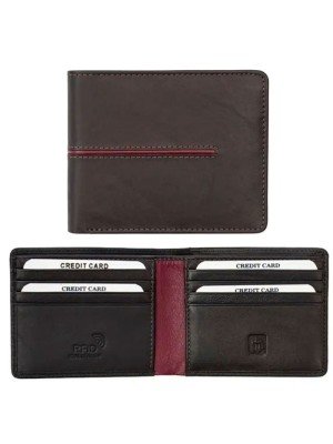Wholesale Brown Leather Bifold RFID Elite Wallet With Burgundy Trim 