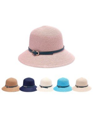 Wholesale Ladies Straw Leather Strap Sun Hat - Assorted